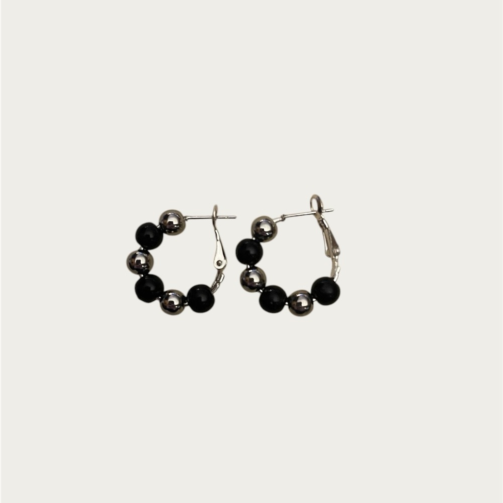 Elegant Black and Silver Beaded Hoop Earrings